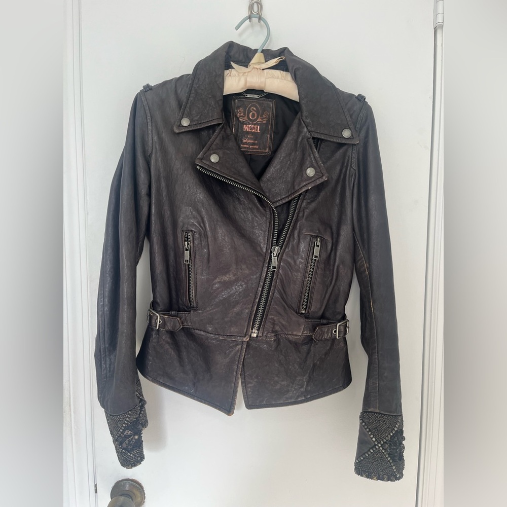 Diesel Distressed Brown Leather Jacket w/ Embellished Bell Sleeves Size S